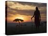 Maasai Tribesman Carrying a Stick on the Savannah at Sunset, Maasai Mara National Reserve, Kenya-Keren Su-Stretched Canvas