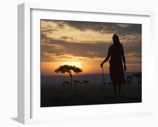 Maasai Tribesman Carrying a Stick on the Savannah at Sunset, Maasai Mara National Reserve, Kenya-Keren Su-Framed Premium Photographic Print