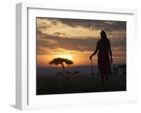 Maasai Tribesman Carrying a Stick on the Savannah at Sunset, Maasai Mara National Reserve, Kenya-Keren Su-Framed Premium Photographic Print