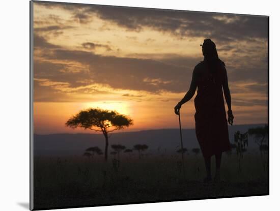 Maasai Tribesman Carrying a Stick on the Savannah at Sunset, Maasai Mara National Reserve, Kenya-Keren Su-Mounted Premium Photographic Print