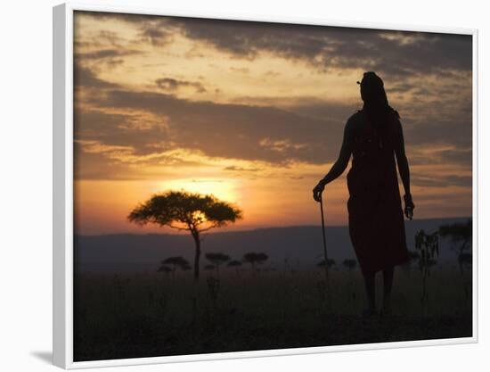 Maasai Tribesman Carrying a Stick on the Savannah at Sunset, Maasai Mara National Reserve, Kenya-Keren Su-Framed Photographic Print