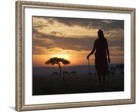 Maasai Tribesman Carrying a Stick on the Savannah at Sunset, Maasai Mara National Reserve, Kenya-Keren Su-Framed Photographic Print