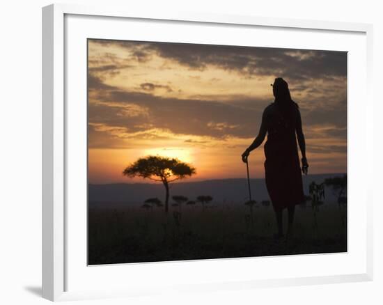 Maasai Tribesman Carrying a Stick on the Savannah at Sunset, Maasai Mara National Reserve, Kenya-Keren Su-Framed Photographic Print