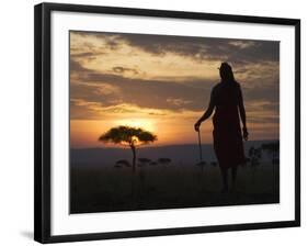 Maasai Tribesman Carrying a Stick on the Savannah at Sunset, Maasai Mara National Reserve, Kenya-Keren Su-Framed Photographic Print