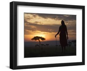 Maasai Tribesman Carrying a Stick on the Savannah at Sunset, Maasai Mara National Reserve, Kenya-Keren Su-Framed Photographic Print