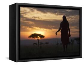 Maasai Tribesman Carrying a Stick on the Savannah at Sunset, Maasai Mara National Reserve, Kenya-Keren Su-Framed Stretched Canvas