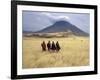 Maasai Warriors Stride across Golden Grass Plains at Foot of Ol Doinyo Lengai, 'Mountain of God'-Nigel Pavitt-Framed Photographic Print