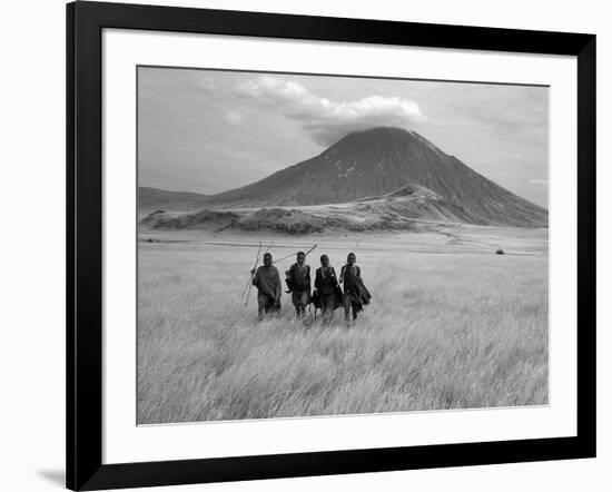 Maasai Warriors Stride across Golden Grass Plains at Foot of Ol Doinyo Lengai, 'Mountain of God'-Nigel Pavitt-Framed Photographic Print