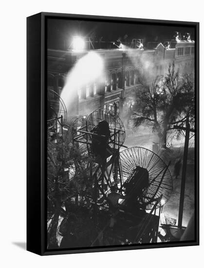 Machines Making Snow and Wind on Set of the Movie "It's a Wonderful Life"-Martha Holmes-Framed Stretched Canvas