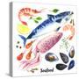 Mackerel. Scomber. Watercolor Set of Sea Food with Trout, Salmon and Mussels Drawn by Hand on a Whi-Monash-Stretched Canvas