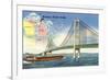 Mackinac Straits Bridge and Map, Michigan-null-Framed Art Print