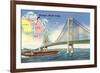 Mackinac Straits Bridge and Map, Michigan-null-Framed Art Print