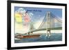 Mackinac Straits Bridge and Map, Michigan-null-Framed Art Print