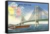 Mackinac Straits Bridge and Map, Michigan-null-Framed Stretched Canvas