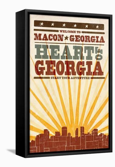 Macon, Georgia - Skyline and Sunburst Screenprint Style-Lantern Press-Framed Stretched Canvas