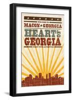 Macon, Georgia - Skyline and Sunburst Screenprint Style-Lantern Press-Framed Art Print