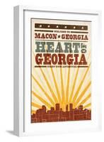 Macon, Georgia - Skyline and Sunburst Screenprint Style-Lantern Press-Framed Art Print