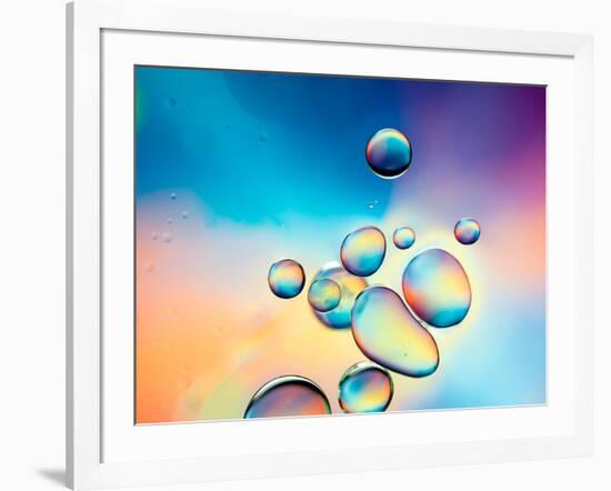 Macro of Oil Drops on Water Surface with Vibrant Colors in Background-Abstract Oil Work-Framed Photographic Print