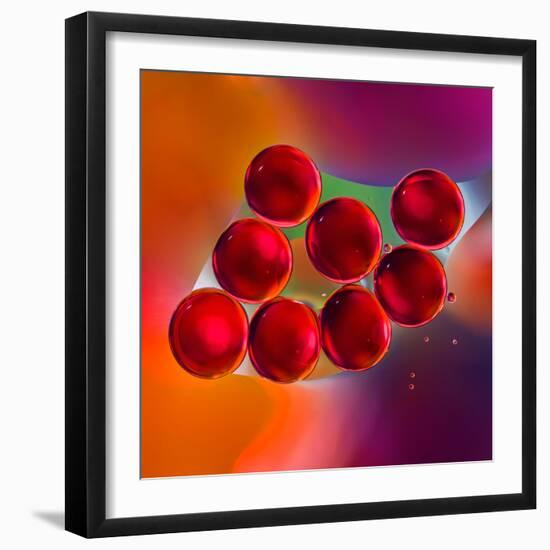 Macro of Red Engine Oil Drops on Water Surface with Colorful Blured Background-Abstract Oil Work-Framed Photographic Print