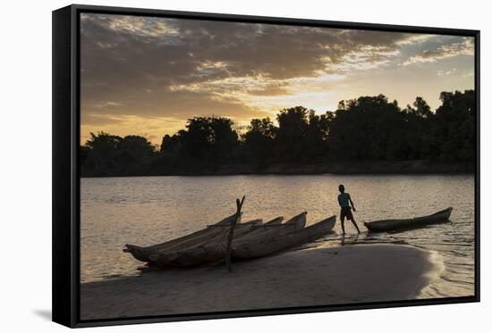 Madagascar, Beopaka, Pirogues at Dusk on Manambolo River-Roberto Cattini-Framed Stretched Canvas