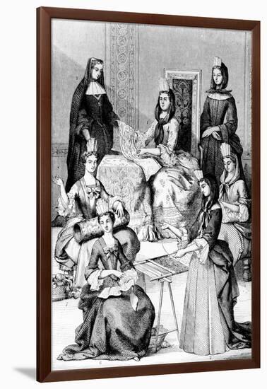 Madame De Saint-Cyr, a Nun, a Novice and Young Girls of the Four Classes (Engraving)-after Chevignard-Framed Giclee Print