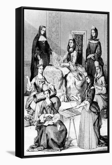 Madame De Saint-Cyr, a Nun, a Novice and Young Girls of the Four Classes (Engraving)-after Chevignard-Framed Stretched Canvas