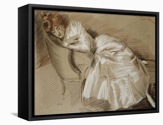 Madame Helleu Reclining on a Chaise-Longue-Paul Cesar Helleu-Framed Stretched Canvas
