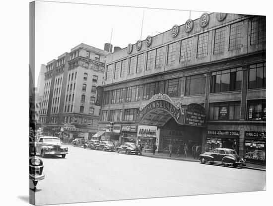 Madison Square Garden with Automobiles on Street-null-Stretched Canvas