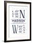 Madison, Wisconsin - Latitude and Longitude (Blue)-Lantern Press-Framed Art Print