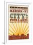 Madison, Wisconsin - Skyline and Sunburst Screenprint Style-Lantern Press-Framed Art Print