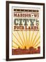 Madison, Wisconsin - Skyline and Sunburst Screenprint Style-Lantern Press-Framed Art Print