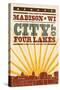 Madison, Wisconsin - Skyline and Sunburst Screenprint Style-Lantern Press-Stretched Canvas