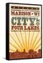 Madison, Wisconsin - Skyline and Sunburst Screenprint Style-Lantern Press-Framed Stretched Canvas