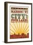 Madison, Wisconsin - Skyline and Sunburst Screenprint Style-Lantern Press-Framed Art Print