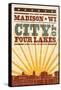 Madison, Wisconsin - Skyline and Sunburst Screenprint Style-Lantern Press-Framed Stretched Canvas