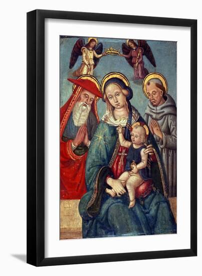 Madonna and Child Being Crowned by Two Angels, with St. Jerome and St. Francis, C.1500-null-Framed Giclee Print