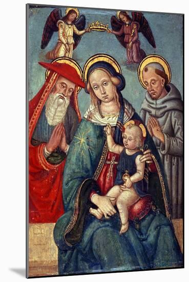 Madonna and Child Being Crowned by Two Angels, with St. Jerome and St. Francis, C.1500-null-Mounted Giclee Print