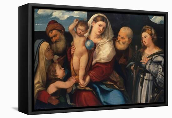 Madonna and Child with Saints, c.1520-50-Bonifacio Veronese-Framed Stretched Canvas