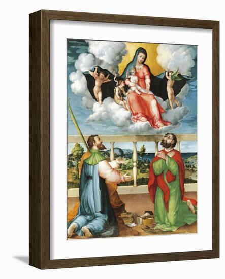 Madonna in Glory with Saints Cosmas and Damian in Adoration, 1535-Lorenzo Lotto-Framed Giclee Print