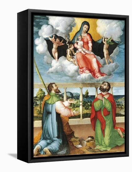 Madonna in Glory with Saints Cosmas and Damian in Adoration, 1535-Lorenzo Lotto-Framed Stretched Canvas