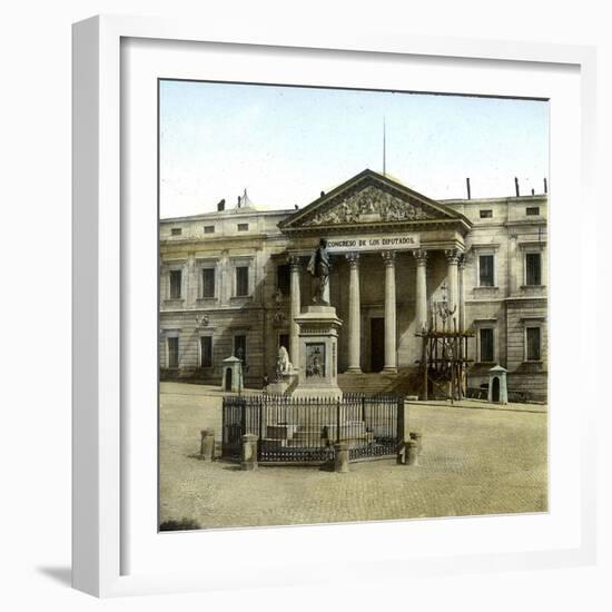 Madrid (Spain), the Palace of the Cortes, Statue of the Spanish Writer Cervantes (1547-1616)-Leon, Levy et Fils-Framed Photographic Print