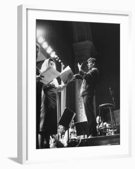 Maestro Leonard Bernstein Conducting Vocal Soloists and NY Philharmonic in Rehearsal, Carnegie Hall-Alfred Eisenstaedt-Framed Premium Photographic Print