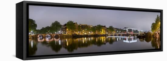 Magere Brug over the River Amstel and Canal Houses Illuminated on Foggy Evening-null-Framed Stretched Canvas