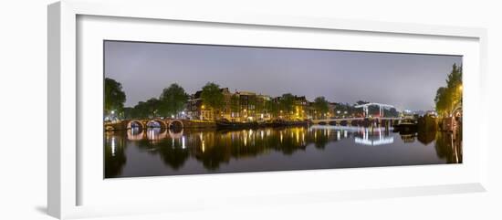 Magere Brug over the River Amstel and Canal Houses Illuminated on Foggy Evening-null-Framed Photographic Print
