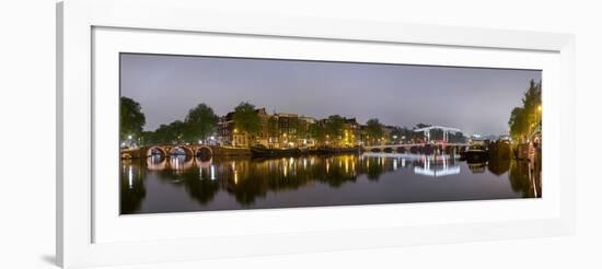 Magere Brug over the River Amstel and Canal Houses Illuminated on Foggy Evening-null-Framed Photographic Print