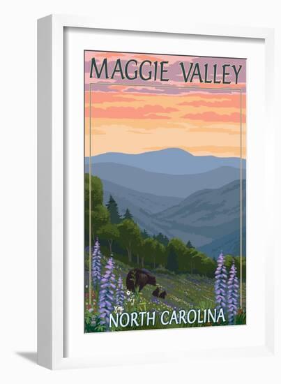 Maggie Valley, North Carolina - Bear Family and Spring Flowers-Lantern Press-Framed Art Print