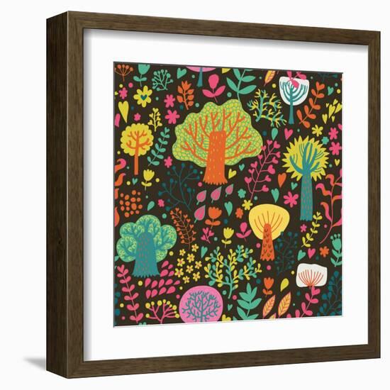 Magic Forest in Cartoon Style in Bright Summer Colors. Seamless Pattern Can Be Used for Wallpaper,-smilewithjul-Framed Art Print