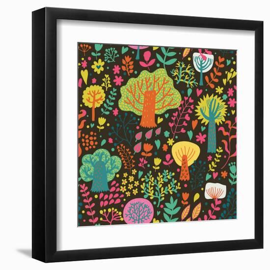 Magic Forest in Cartoon Style in Bright Summer Colors. Seamless Pattern Can Be Used for Wallpaper,-smilewithjul-Framed Art Print