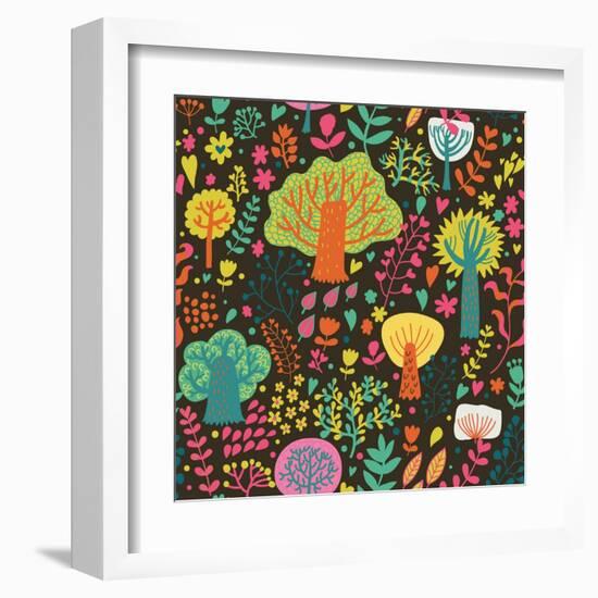 Magic Forest in Cartoon Style in Bright Summer Colors. Seamless Pattern Can Be Used for Wallpaper,-smilewithjul-Framed Art Print
