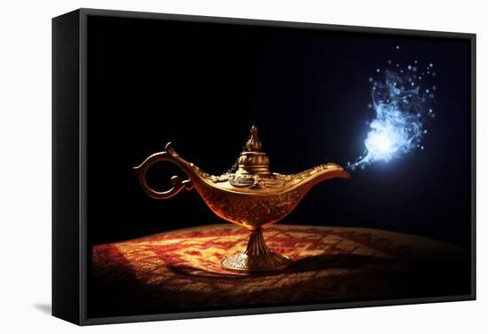 Magic Lamp from the Story of Aladdin with Genie Appearing in Blue Smoke Concept for Wishing, Luck A-Flynt-Framed Stretched Canvas